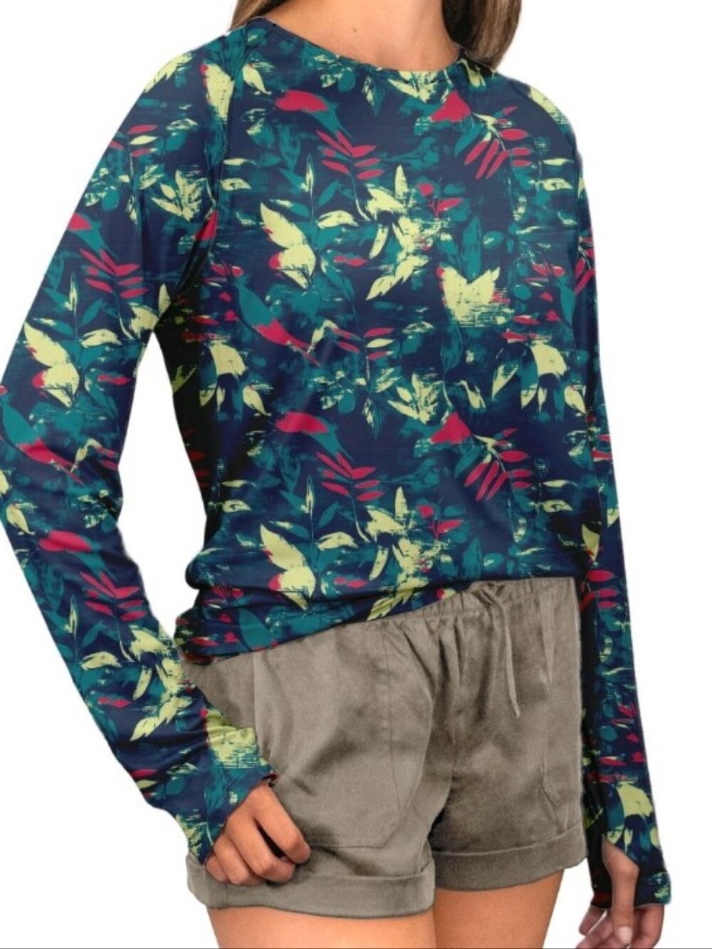 Reel LIFE UpF 50 Sun Protection Floral Long-Sleeve Pullover Top - Teal XL